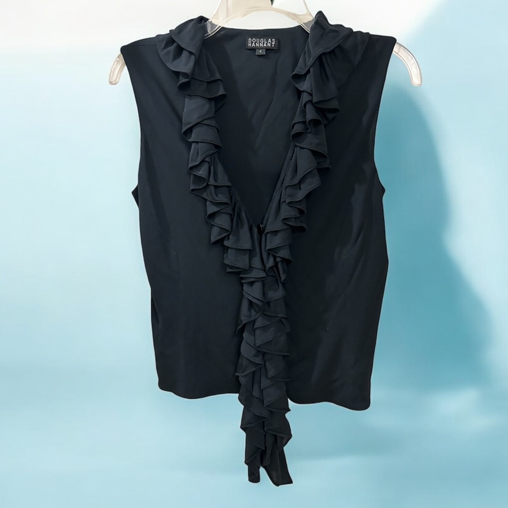 Douglas Hannant Ruffle Blouse, Sleeveless, Slightly Fitted Waist, Navy, Sz 4